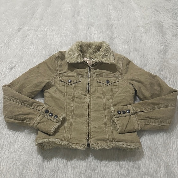 Abercrombie & Fitch Tan Jean Jacket with Faux Fur - Picture 1 of 9